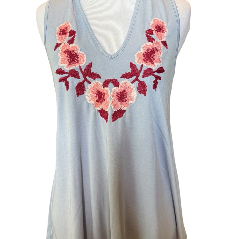 Alya Light Blue Tank Top with Red and Pink Floral Embroidery